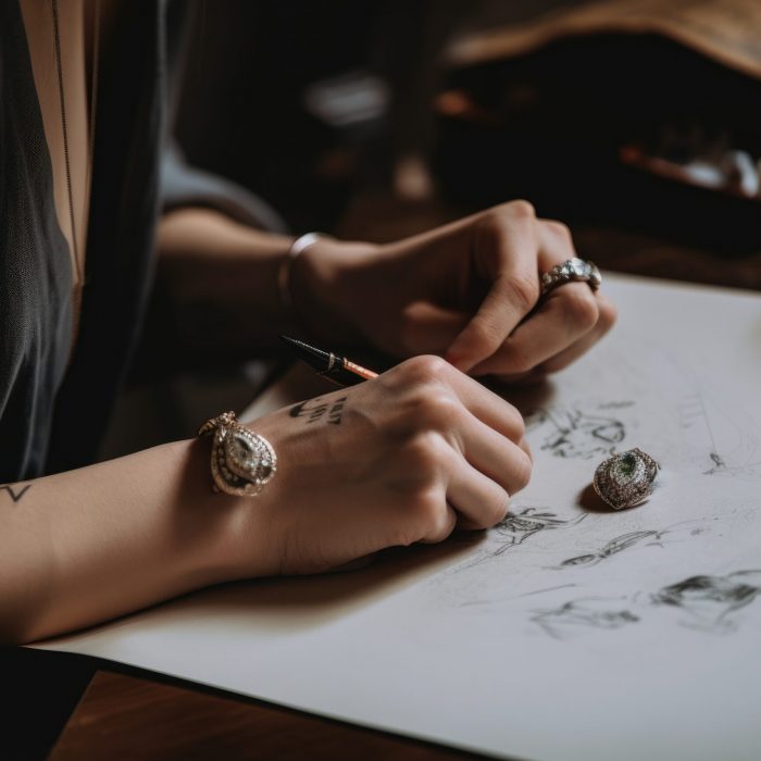 accessory and jewelry designer sketching designs for upcoming collection, created with generative ai