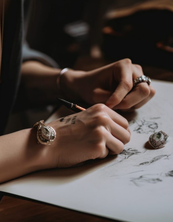 accessory and jewelry designer sketching designs for upcoming collection, created with generative ai
